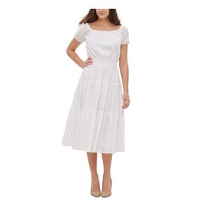 NWT - TOMMY HILFIGER White Short Sleeve Square Neck Tea-Length Fit + Flare Dress